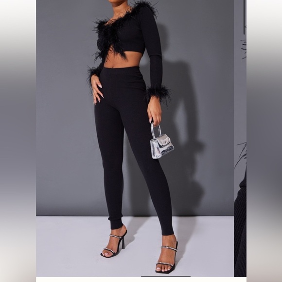 Pretty Little Thing black cropped cardigan feather trim hook and eye Sz S‎ new - Picture 10 of 11